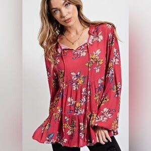 Easel Red Tiered Floral Babydoll Ruffle Bottom  Long Sleeved Blouse